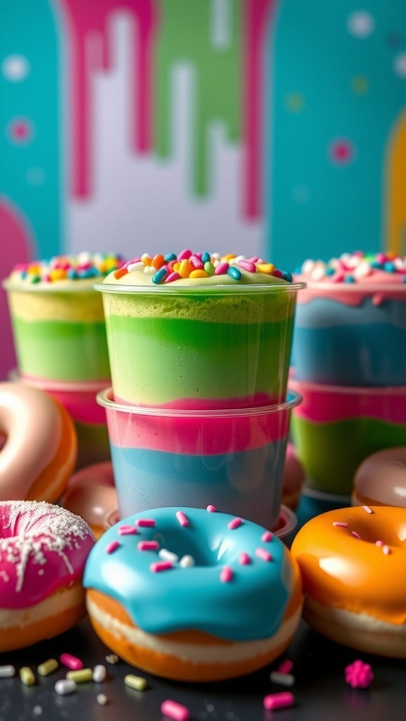 Splatoon-Inspired Pudding and Donut Recipe Colorful pudding cups with sprinkles and donuts on a playful background.